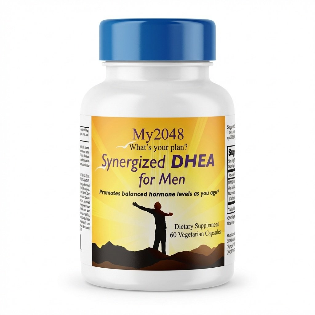 Synergized DHEA for Men supplement bottles - hormone support and vitality formula